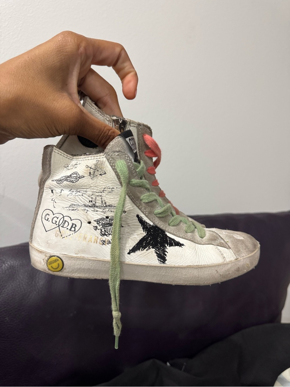 Golden Goose Kids White Sneakers with Black Star and Green & Pink Laces